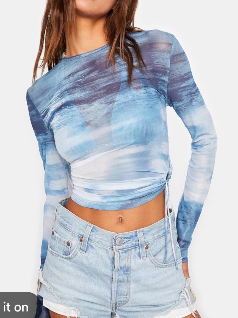 Lioness Blue Tie-Dye/water design Mesh Long Sleeve Side Ruched Top